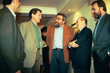 Trobada entre els líders dels sindicats, CCOO i UGT, i el president de la CEOE