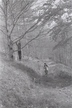 Anna Maurici Torrent amb Emili i Marta Hugas Maurici en un bosc